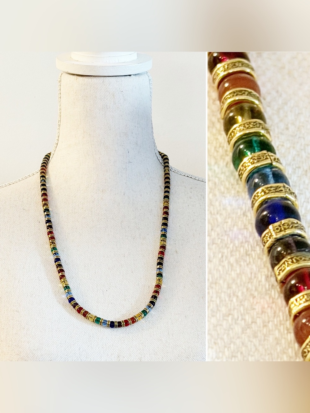 DEXTER WILSON Multicolor Glass Bead Necklace Gold Tone Adjustable Long Necklace